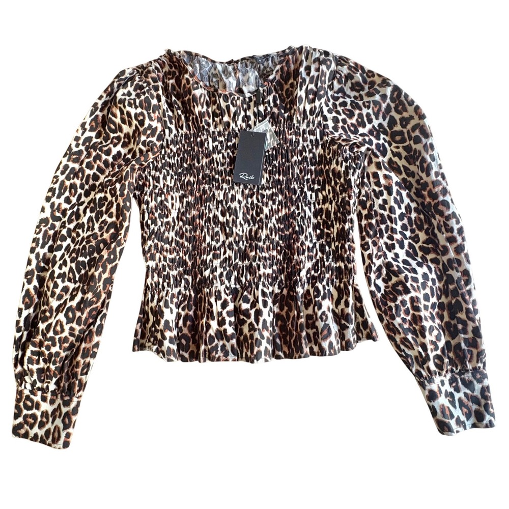 $198 NWT Rails Tabi Nala Leopard Print Smocked Peplum Top Sz M Festival Western
